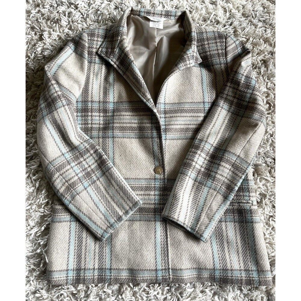 Vintage Tan Jay Women’s Wool Tan & Blue Plaid Blazer 70s Size 10, 1 button